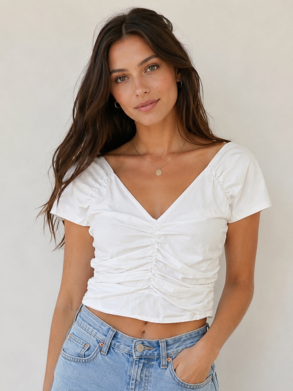 ZARA White Ruched Crop Top Size Large NWT Cap Sleeve V-Neck - Picture 1 of 8